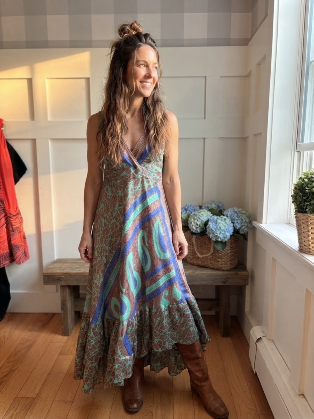 Boho High-Low Maxi Dress in Green and Blue Medium